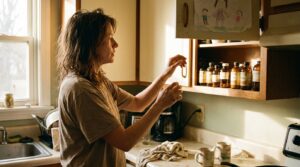 A 43-year-old mom opening a kitchen cabinet of supplement bottles in soft summer morning light, a child's drawing taped inside the cabinet door