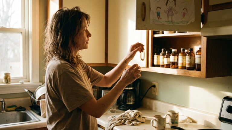 A 43-year-old mom opening a kitchen cabinet of supplement bottles in soft summer morning light, a child's drawing taped inside the cabinet door