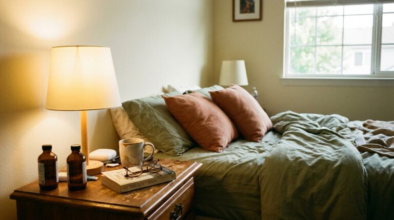 Two amber glass supplement bottles on a wooden nightstand with a paperback and reading glasses, warm bedside lamp light