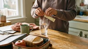 Hands opening a cream-colored supplement stick pack next to a glass of water on a kitchen counter, half-packed lunchbox in the foreground