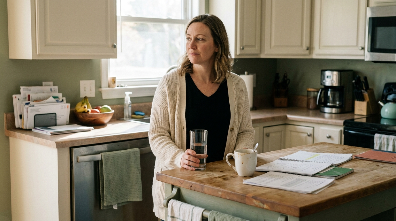A 47-year-old woman at a kitchen island in mid-afternoon light holding a glass of water, a half-empty coffee mug pushed aside
