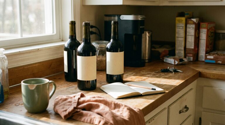 Three brand-neutral magnesium bottles on a wooden kitchen counter with a notebook, morning window light