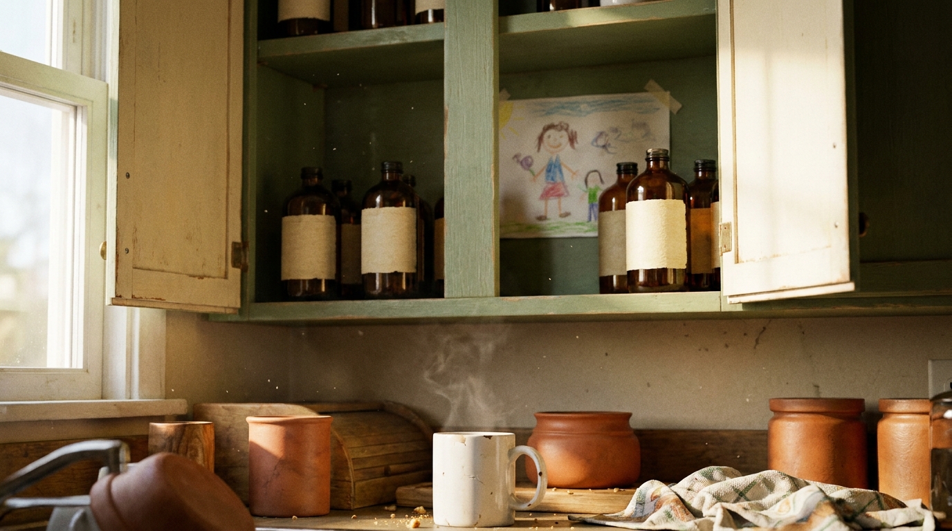 Open kitchen cabinet shelf with amber supplement bottles, a chipped white mug with steam below, child's drawing taped inside the door, soft morning light
