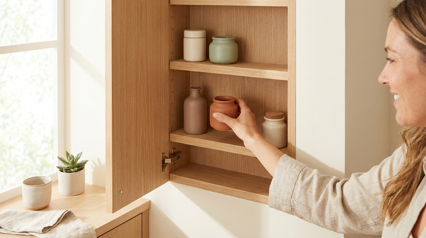 Top-down 3/4 view of a narrow light-wood apothecary cabinet open against a cream wall, ceramic supplement jars in cream sage and terracotta on the shelves, a woman's hand reaching for one