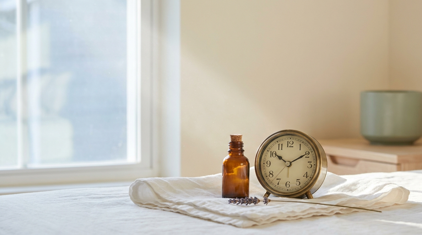 Still life: a small amber glass apothecary bottle next to a brass alarm clock and a dried lavender stem on folded white linen, soft morning window light, dust motes