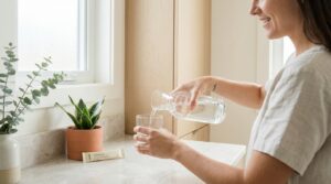 Close-up of a woman's forearms pouring water from a glass carafe into a tumbler on a marble bathroom counter, a cream supplement stick pack and a small potted snake plant nearby