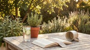 A weathered wood patio table in dappled afternoon sunlight with a glass of cucumber water, a rosemary plant in a terracotta pot, an open book face-down, and a tipped ceramic mug, garden in soft focus background