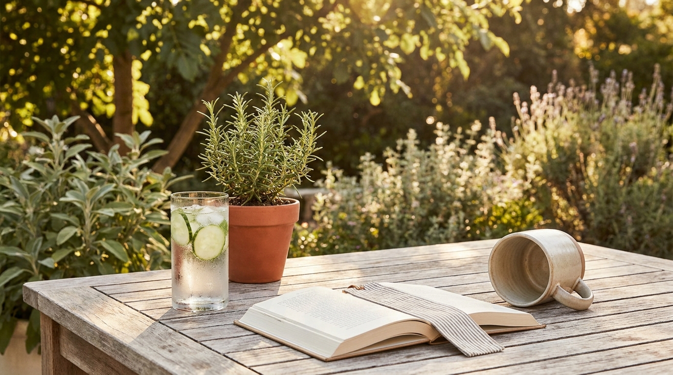 A weathered wood patio table in dappled afternoon sunlight with a glass of cucumber water, a rosemary plant in a terracotta pot, an open book face-down, and a tipped ceramic mug, garden in soft focus background