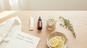 Top-down flat lay on raw oak: three supplement containers in a row, a sprig of thyme, a ceramic bowl with lemon slices, a folded linen napkin, a handwritten note