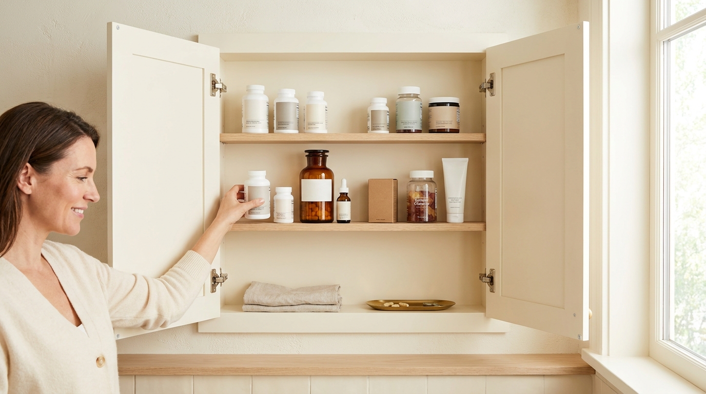 A bright sunlit kitchen counter with a glass of lemon water, a small cream-labeled supplement jar, fresh rosemary in a juice glass, a notebook, and a woman in a cream sweater smiling softly as she reaches for the jar